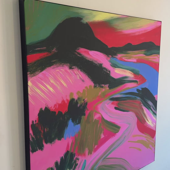 Wild Bloom Valley abstract landscape wall art in vibrant pink, green, blue and orange tones