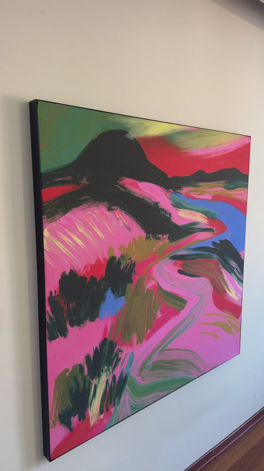 Wild Bloom Valley abstract landscape wall art in vibrant pink, green, blue and orange tones